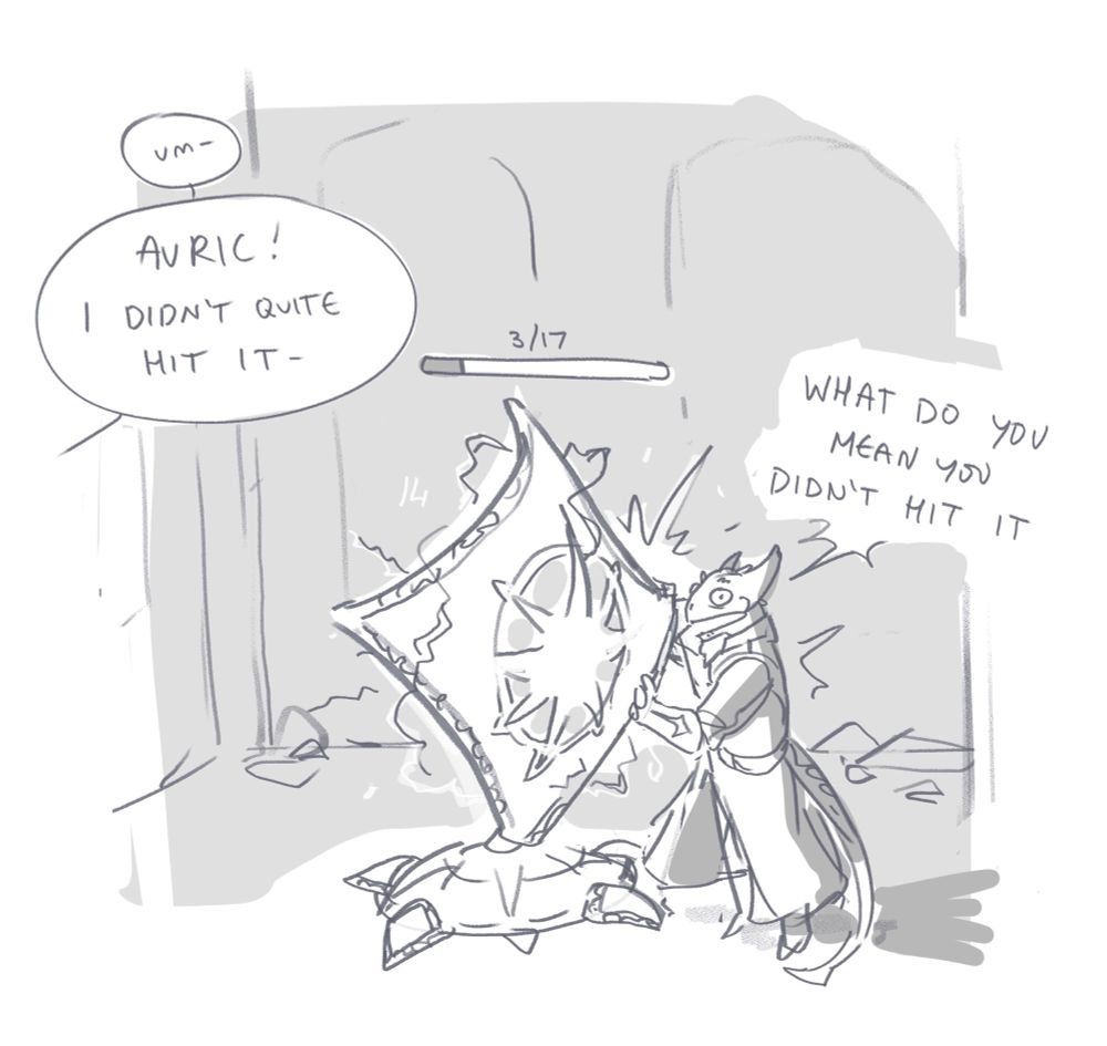 Auric uses her full movement to shocking grasp the turret, doesn’t do enough damage, can’t move away, and Gale rolls a 1 (look sometimes I’m dumb and bad at video games)