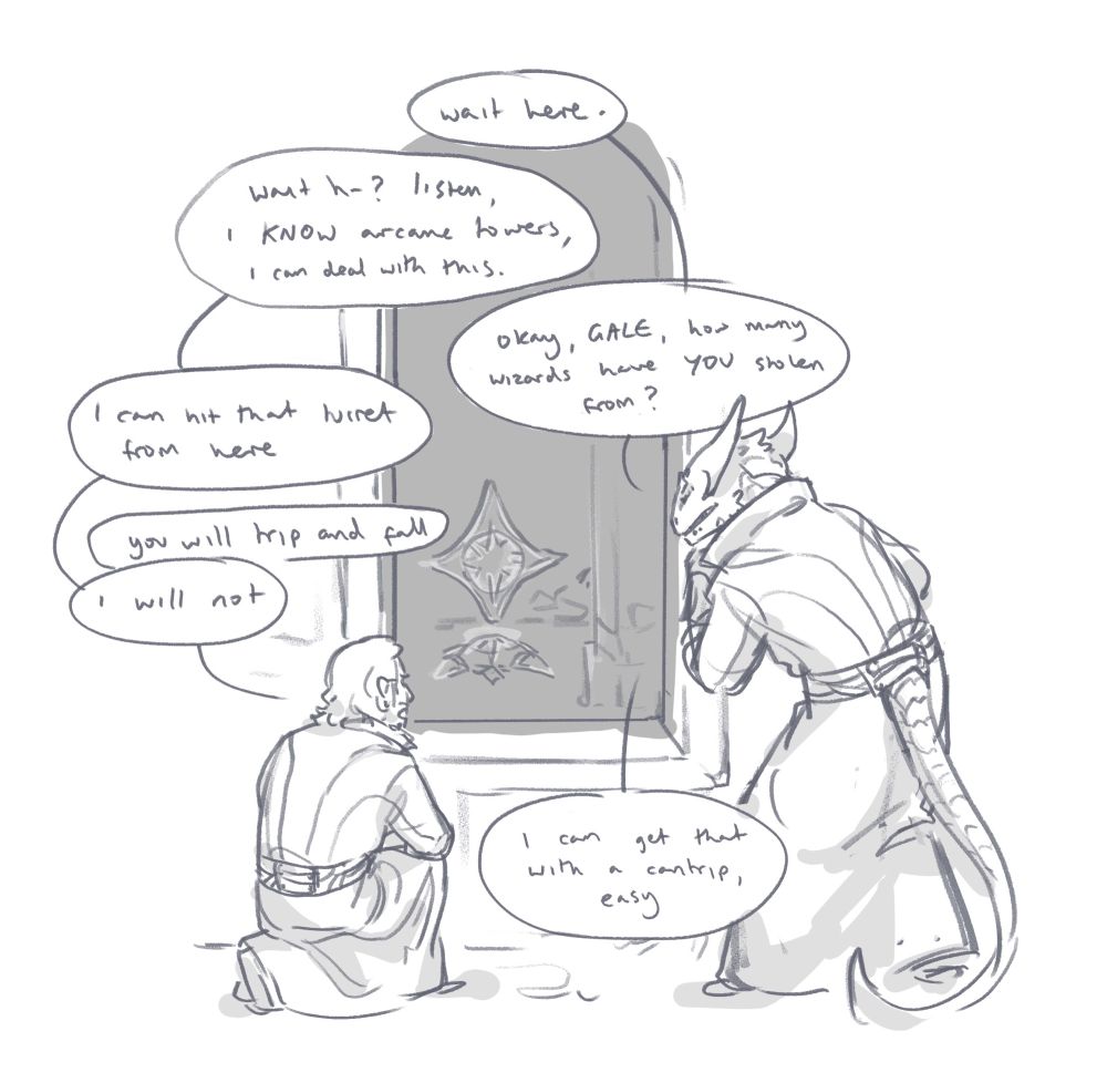 Gale and Auric (dragonborn wizard tav) crouched by an open window with an arcane turret visible inside, arguing about who is more capable of destroying it.