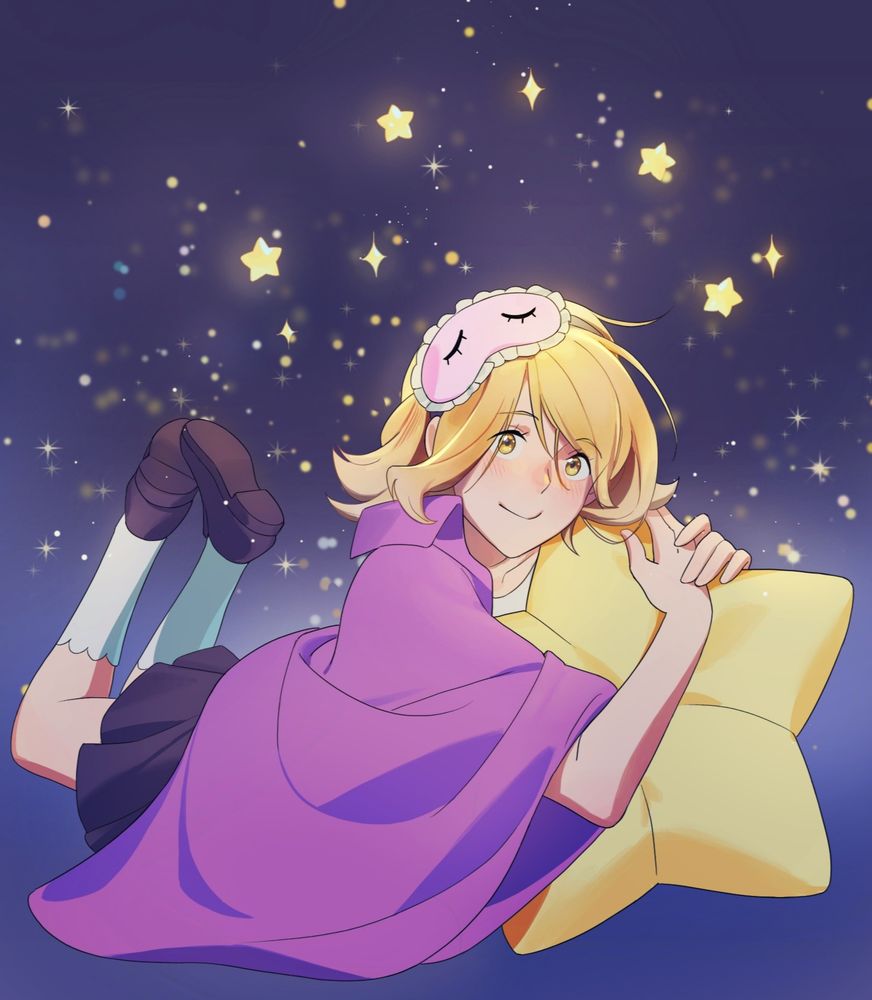 Aia is a girl with blonde hair and golden eyes, she lays down hugging a big star shaped plushie, wrapped in a purple cape like if it was a blanket, looking up and smiling softly under the golden light of some stars