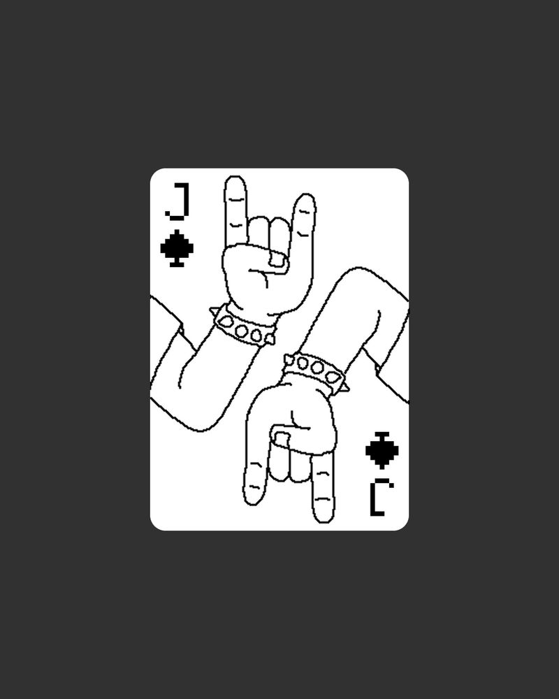 Jack of spades card depicting two hands giving the rock devil horns. 