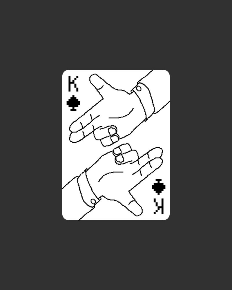 King of spades card depicting two hands pointing finger guns at each other. 