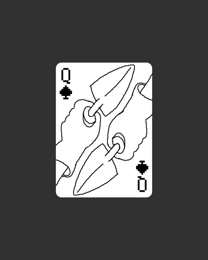 Queen of spades card depicting two hands holding hand trowels. 