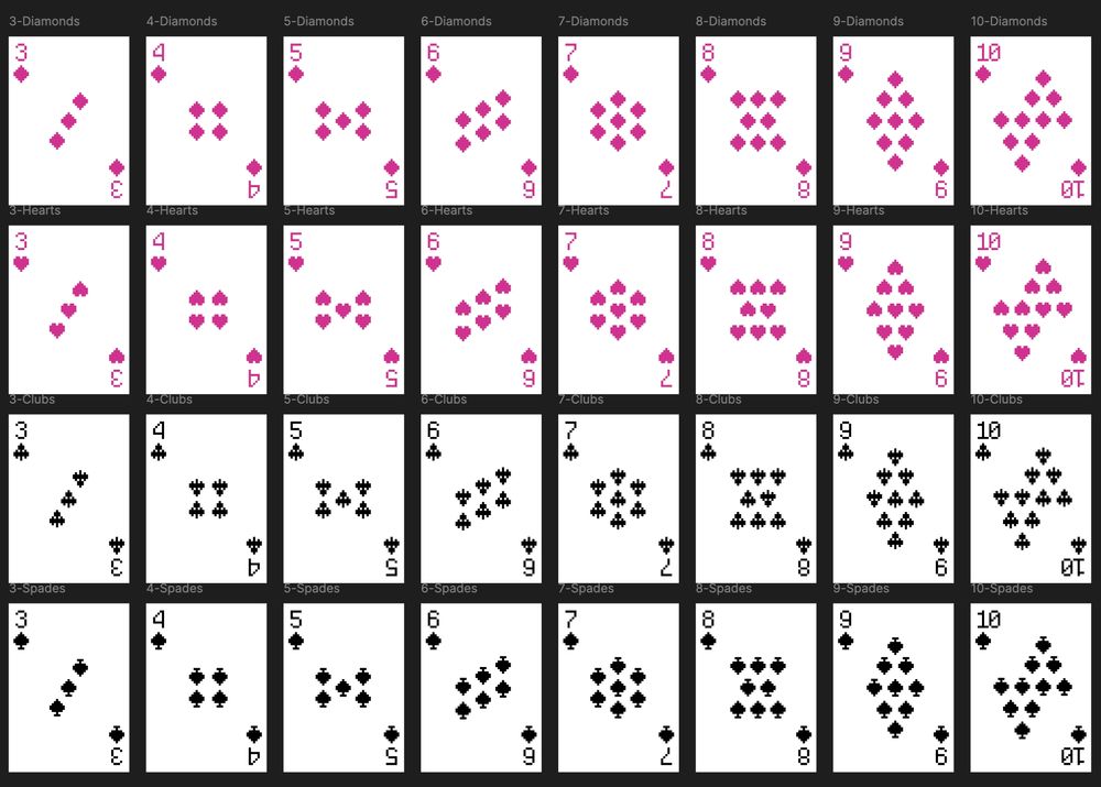 The rank 3-10 cards in a deck of playing cards with different layouts for the design of the card centers