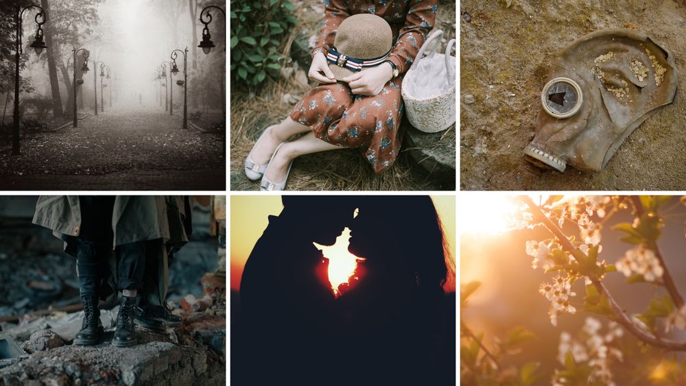 A foggy street. A vintage dress. A gas mask. Legs on rocky ground. A silhouette of a man and a woman. Flowers in sunlight.