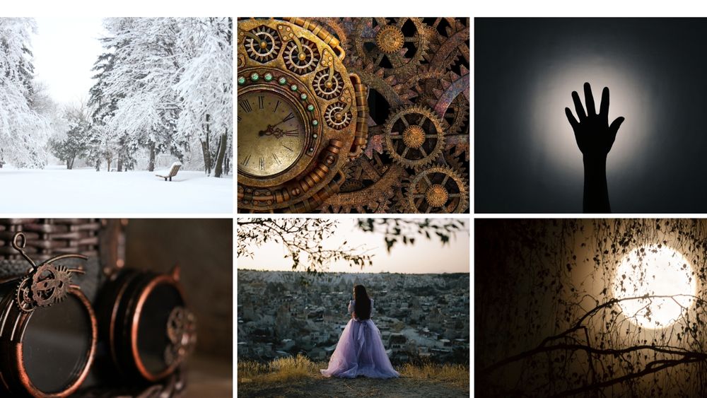 A snowy forest. Steampunk gears. A shadowy hand. Steampunk tech. A woman in a gown. A full moon.