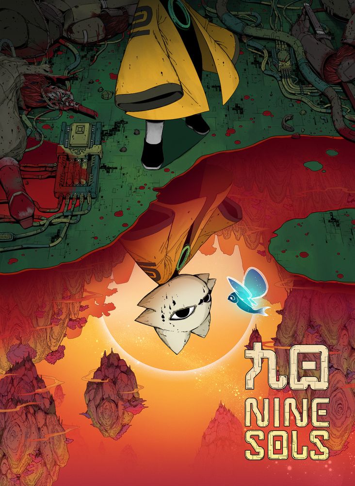 The cover art for Nine Sols

A jade floor littered with wires, circuits, and a pool of blood. Standing is a figure in flowing yellow robes over a black bodysuit, with his head obscured by the art's border.

His face is reflected upside-down in the blood, with a fairy-like object floating next to him. He is an anthropomorphic cat.

His name is Yi. He is one of the Ten Sols, and he seeks revenge on the other nine who tried to kill him hundreds of years ago.