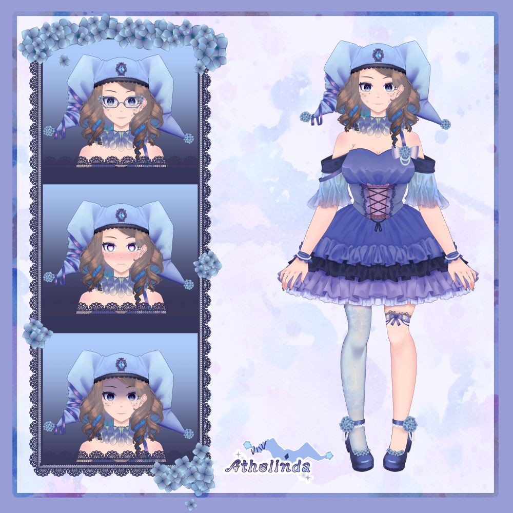 My vtuber model! I'm a cute fantasy  jester with hydrangea accents.  With a blue to purple monochromatic color scheme.