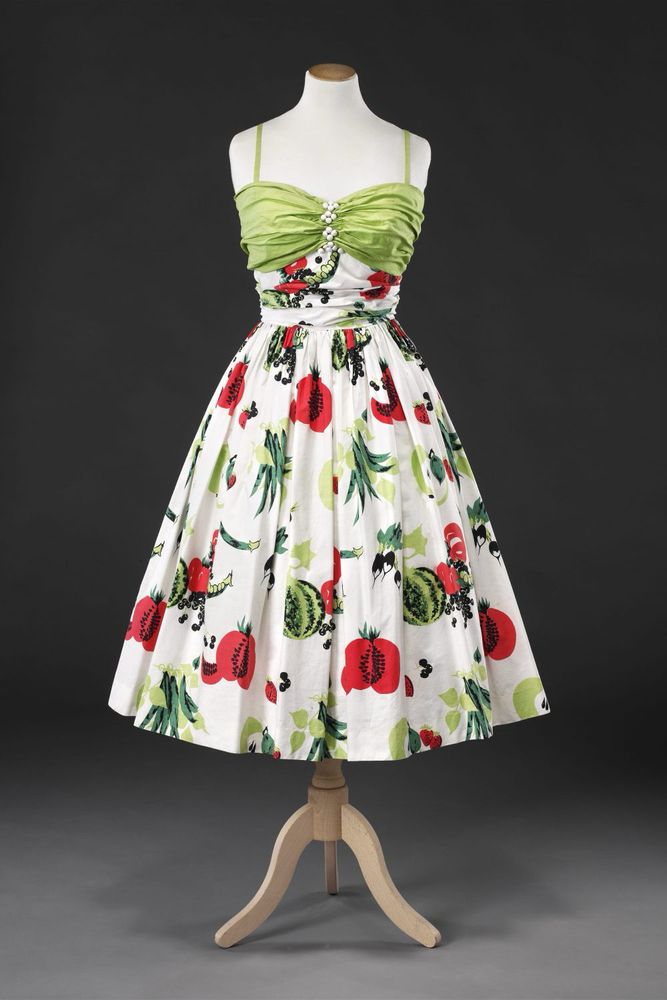 Front view of late 1950s printed cotton sun dress, Horrockses Fashions. The trimming at the centre of the bust has been added later, JB