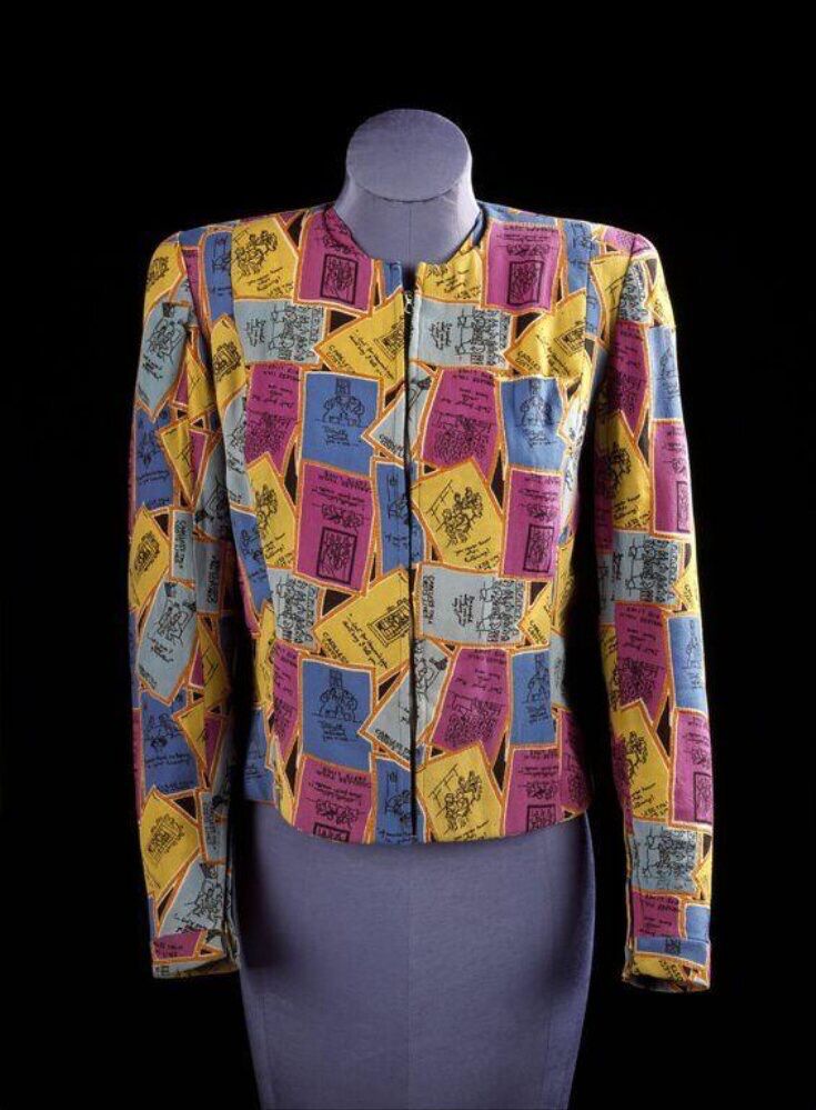 Blouse ‘Careless Talk’ of printed rayon crepe, decorated with cartoons in square panels. Designed by Fougasse (pseudonym), England, 1940s, VA