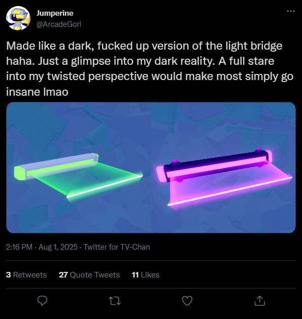 Jumperine tweet: "Made like a dark, fucked up version of the light bridge haha. Just a glimpse into my dark reality. A full stare into my twisted perspective would make most simply go insane lmao"

With two pictures, one with the Hyperstacks normal bridge and another with the new trap bridge