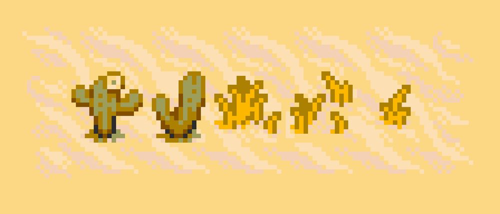Image with a few pixel art assets, there's two cactus and a few yellow bushes on a bunch of sand.. The image is on a top-down perspective