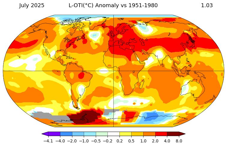 World map of temperature anomaly wrt 1951-1980 average. 2-4C in a broad band at mid-latitude in the northern hemisphere, 4-8C in West-Antarctica.