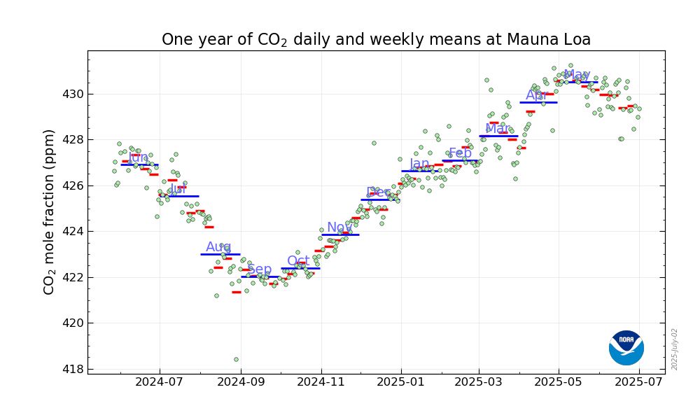 13 months of daily, weekly and monthy value in a graph, showing June values just below this season's peak in May.