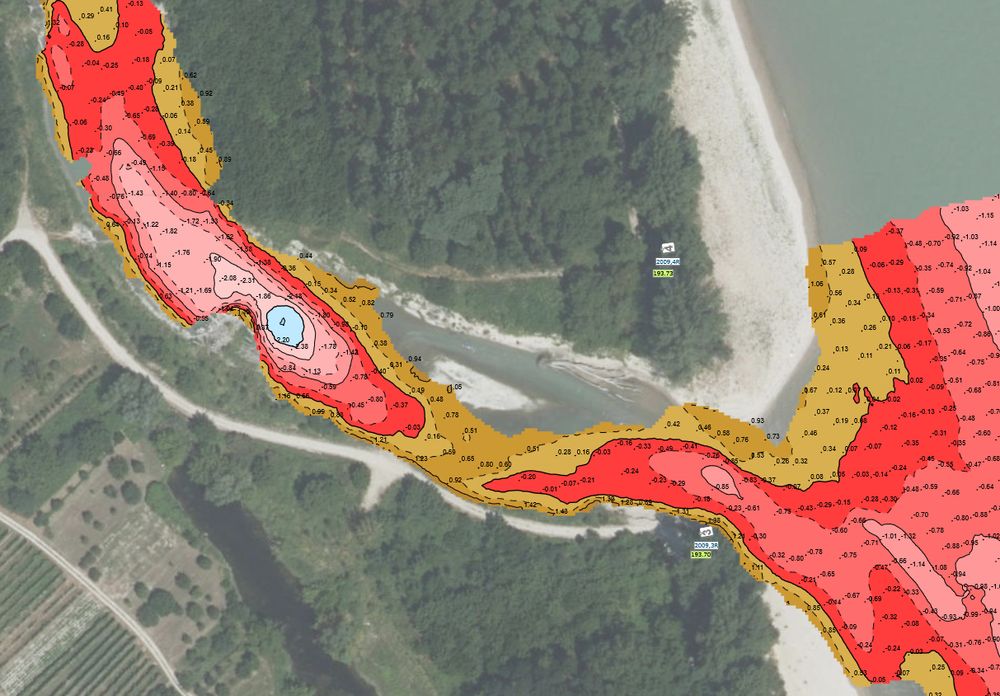 Stromgrundaufnahme Schopperstatt. Wasser ist bezogen auf RNW2020 stellenweise bis zu 2,35 Meter tief. Die Station Kienstock maß am 20.10.2023 einen Wasserstand 20cm unter RNW2020.