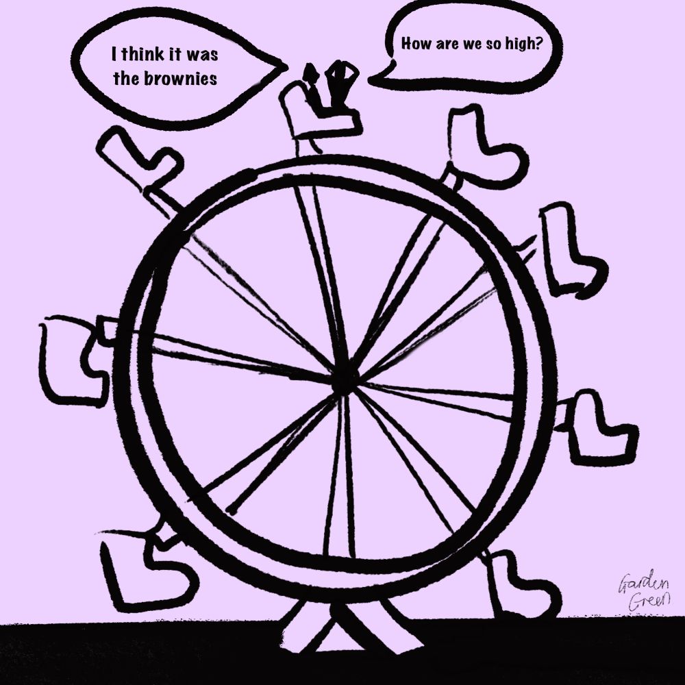 Doodle of Jayce and Viktor on a ferris wheel. Jayce asks ‘why are we so high?’ and Viktor replies ‘I think it was the brownies’. This acts as a double entendre. 
