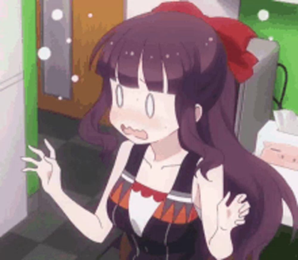 a girl with purple hair and a red bow in her hair is making a funny face .