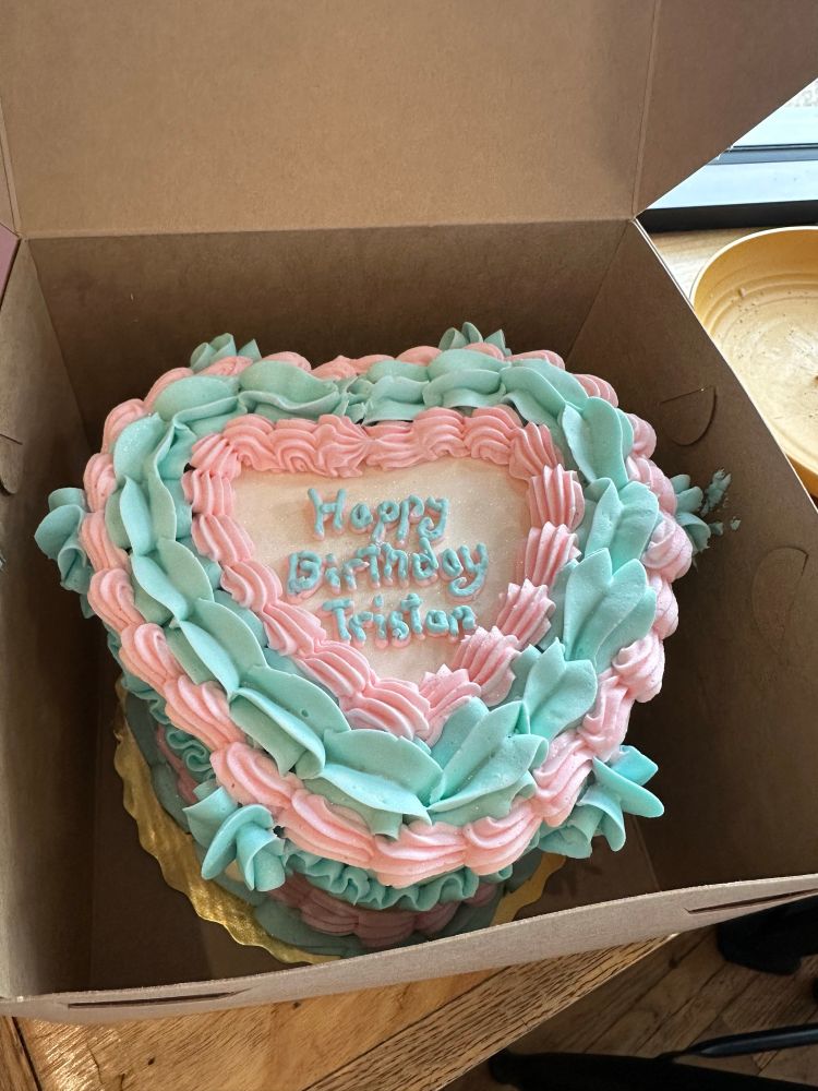 A very fancy, vintage heart cake with white, light blue, and light pink icing. Trans flag vibes. On the top is written “Happy Birthday Tristan” in the pink and blue icing.