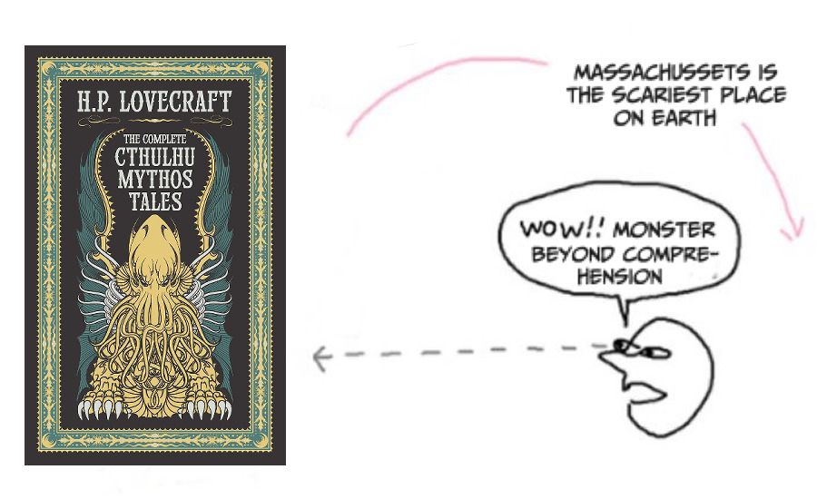 Stick figure guy looking at a Lovecraft compilation saying “wow! Monster beyond comprehension” meanwhile an arrow going over his head shows the point he is missing: 

MASSACHUSSETS IS THE SCARIEST PLACE
ON EARTH