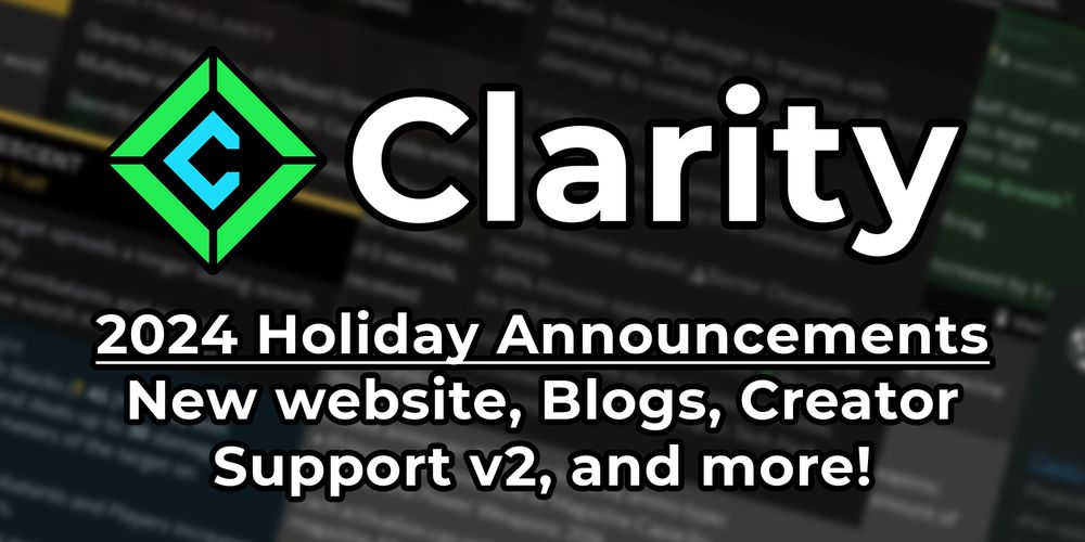 A cover image with our logo and a teaser text with things you can expect to find in this thread. The text reads "2024 Holiday Announcements: New website, Blogs, Creator Support v2, and more!"

The text and logo are in front of our often-used background image which is a slightly blurred and darkened mashup of how our perk tooltips are shown in community sites.