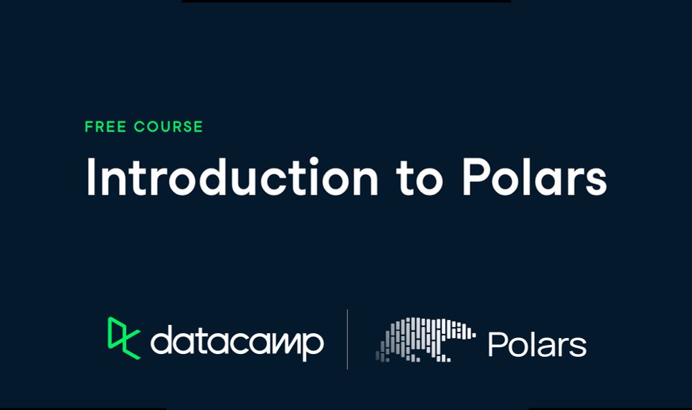 Course title slide with dark blue background showing 'FREE COURSE' in green text, 'Introduction to Polars' as the main white heading, and logos for DataCamp and Polars at the bottom.