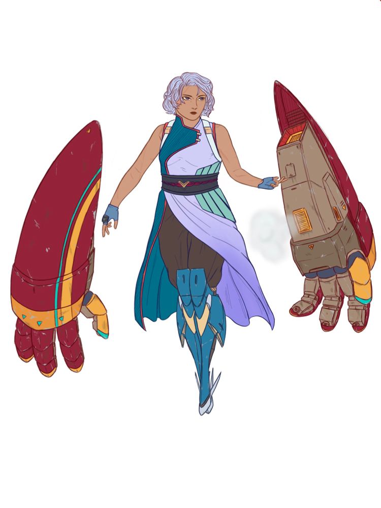 To be named character (he/him nonbinary) in a blue, lavender, and sea-green flowy outfit that resembles a fantasy mage. He has blue and pale yellow prosthetic lower legs that have a mecha design influence and two floating mecha arms only slightly shorter than him that are painted in red with yellow and turquoise accents. He has lilac hair and a sandy-brown skin tone with some battle scars visible on his face and arms. 