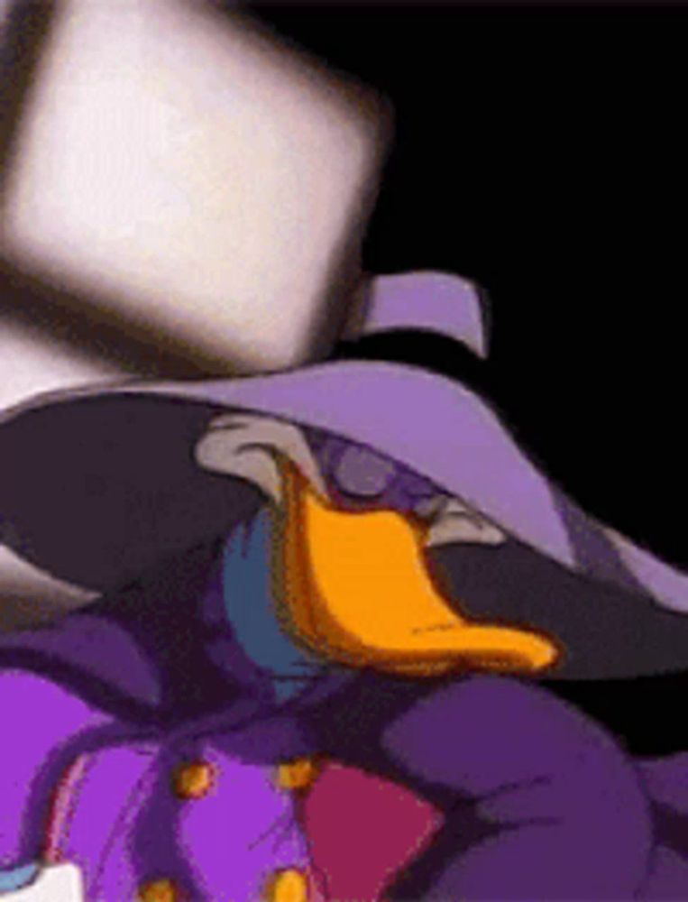 a cartoon of a duck wearing a purple jacket and hat