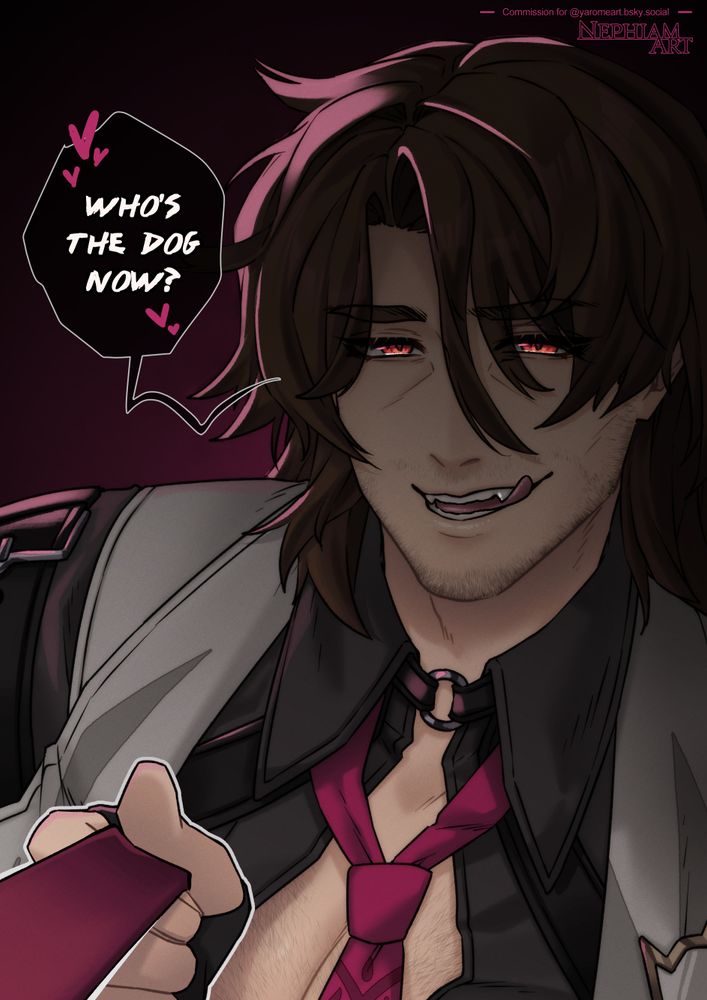 Gallagher from Honkai Star Rail, pulling on the viewer's leash and saying "Who's the dog now?" as he licks his lips
