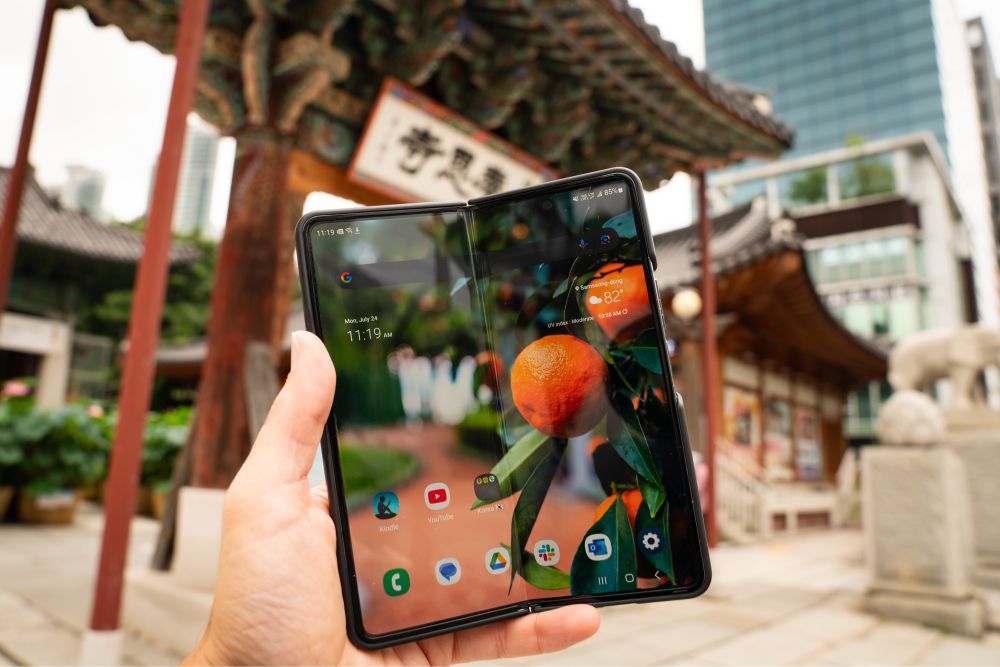 Samsung Fold 4 in front of Bonguesa temple in Seoul, South Korea