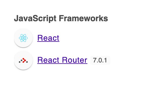 Wappalyzer Screenshot: JavaScript Frameworks: React & React Router 7.0.1