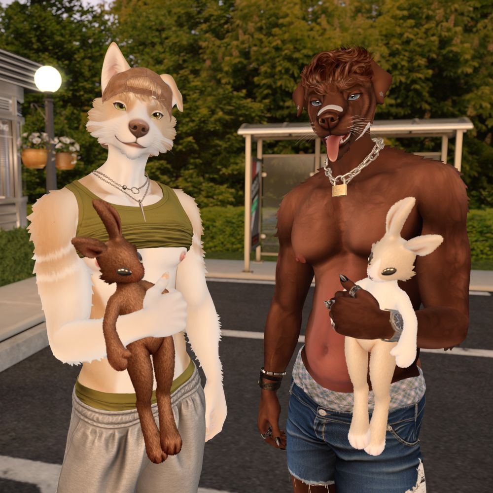 Two cute dog boys hold rabbit plushies that resemble each other