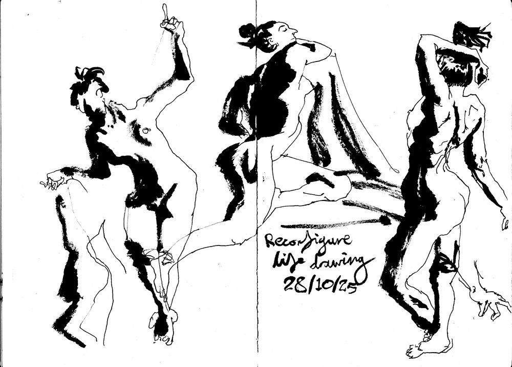 Black and white ink sketches of a nude model in various poses