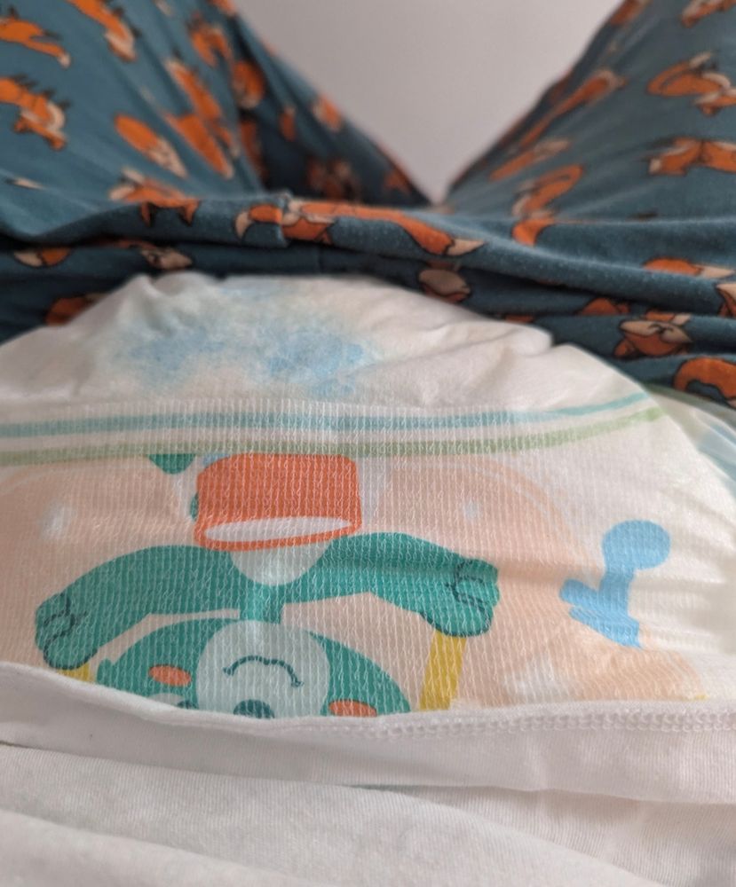 A wet tryagain diaper and green pants with a fox print 