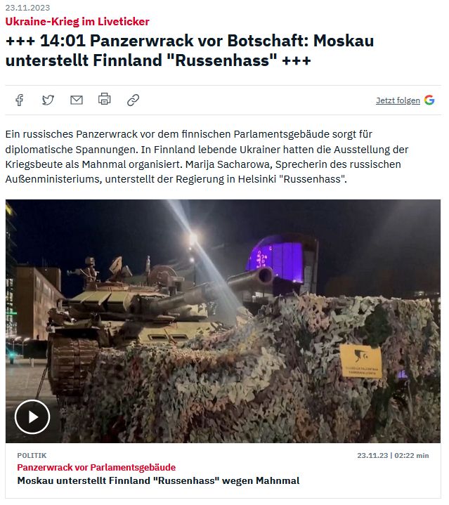 Headline von ntv.de: "Panzerwrack vor Botschaft: Moskau unterstellt Finnland 'Russenhass'"