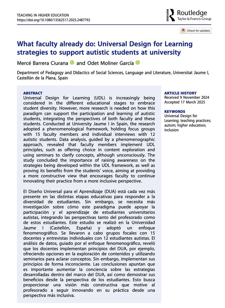 A screenshot of the first page of the article from the journal Teaching in Higher Education: Critical Perspectives titled: What faculty already do: Universal Design for Learning strategies to support autistic students at university by Mercé Barrera Ciurana and Odet Moliner García. The screenshot includes the abstract of the article (available via the link).
