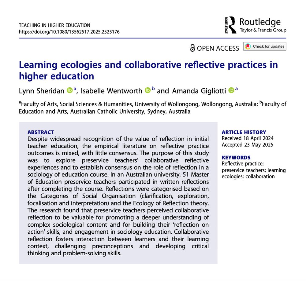 A screenshot of the first page of the article from the journal Teaching in Higher Education: Critical Perspectives titled: Learning ecologies and collaborative reflective practices in higher education by Lynn Sheridan, Isabelle Wentworth and Amanga Gigliotti. The screenshot includes the abstract of the article (available via the link).