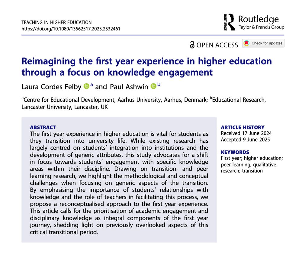A screenshot of the first page of the article from the journal Teaching in Higher Education: Critical Perspectives titled: Reimagining the first year experience in higher education through a focus on knowledge engagement by Laura Cordes Felby and Paul Ashwin. The screenshot includes the abstract of the article (available via the link).