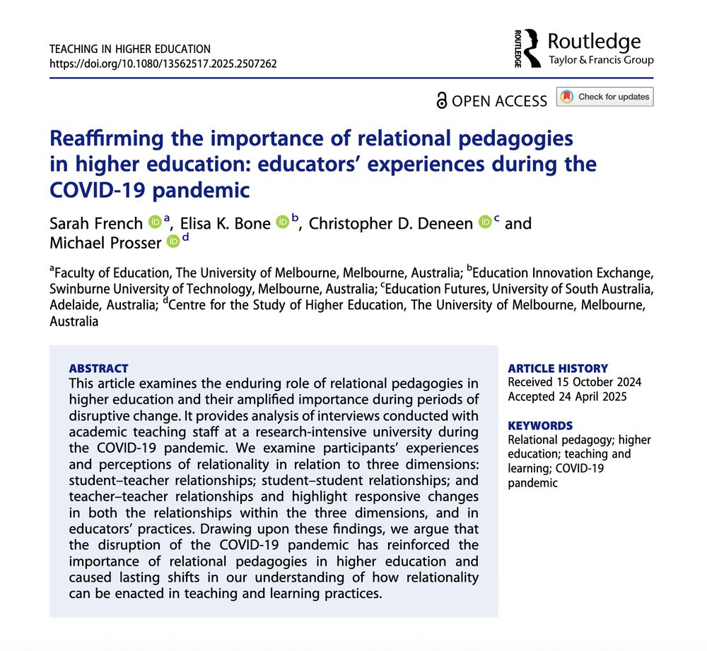 A screenshot of the first page of the article from the journal Teaching in Higher Education: Critical Perspectives titled: Reaffirming the importance of relational pedagogies in higher education: educators’ experiences during the COVID-19 pandemic by Sarah French, Elisa K. Bone, Christopher D. Deneen and Michael Prosser. The screenshot includes the abstract of the article (available via the link).