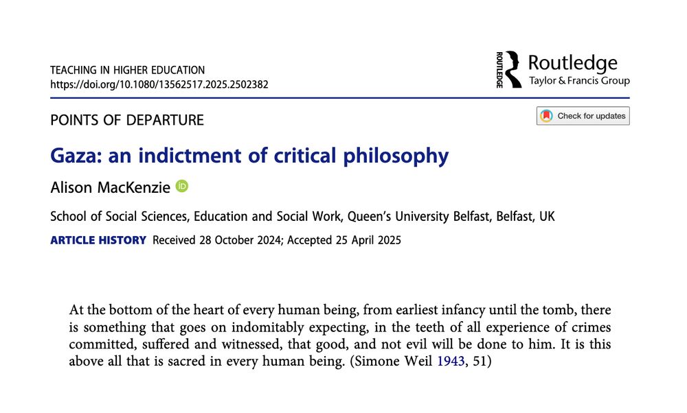 A screenshot of the first page of the article from the journal Teaching in Higher Education: Critical Perspectives titled: Gaza: an indictment of critical philosophy by Alison MacKenzie. The screenshot includes the abstract of the article (available via the link).