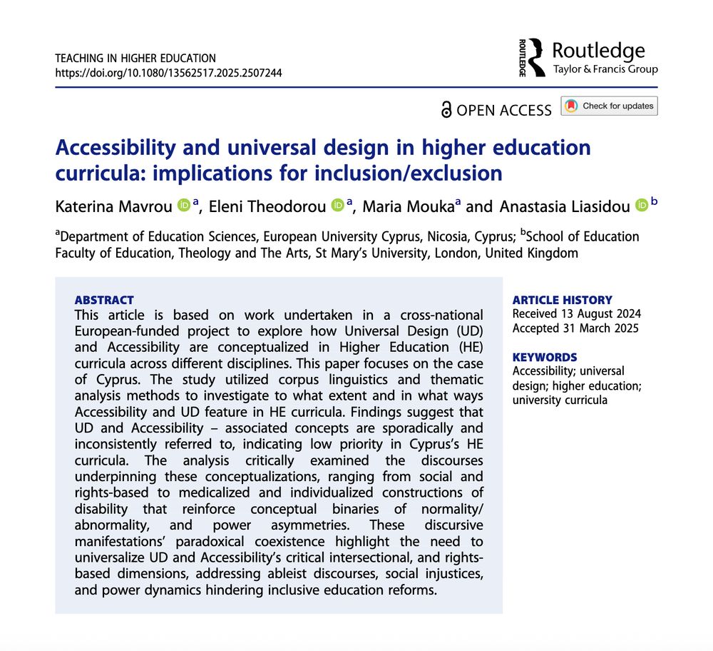 A screenshot of the first page of the article from the journal Teaching in Higher Education: Critical Perspectives titled: Accessibility and universal design in higher education curricula: implications for inclusion/exclusion by Katerina Mavrou, Eleni Theodorou, Maria Mouka and Anastasia Liasidou. The screenshot includes the abstract of the article (available via the link).