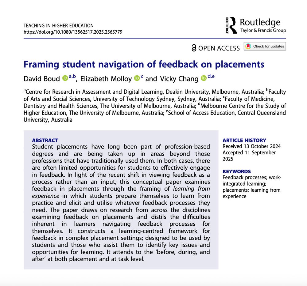 A screenshot of the first page of the article from the journal Teaching in Higher Education: Critical Perspectives titled: Framing student navigation of feedback on placements by David Boud, Elizabeth Molloy and Vicky Chang. The screenshot includes the abstract of the article (available via the link).