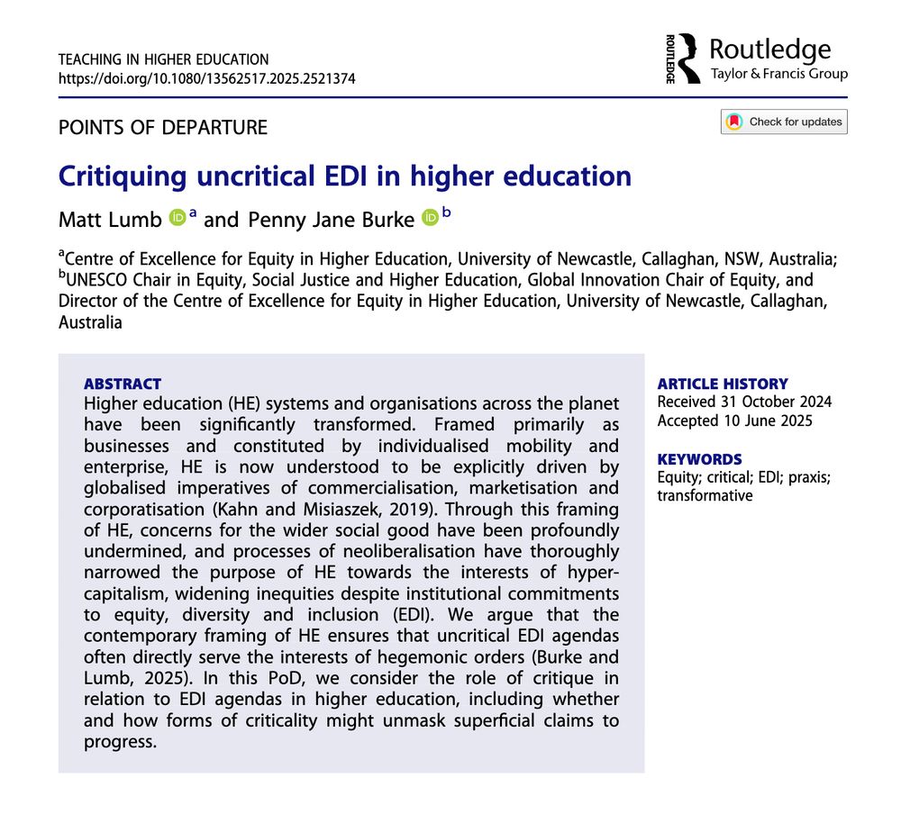 A screenshot of the first page of the article from the journal Teaching in Higher Education: Critical Perspectives titled: Critiquing uncritical EDI in higher education by Matt Lumb and Penny Jane Burke. The screenshot includes the abstract of the article (available via the link).