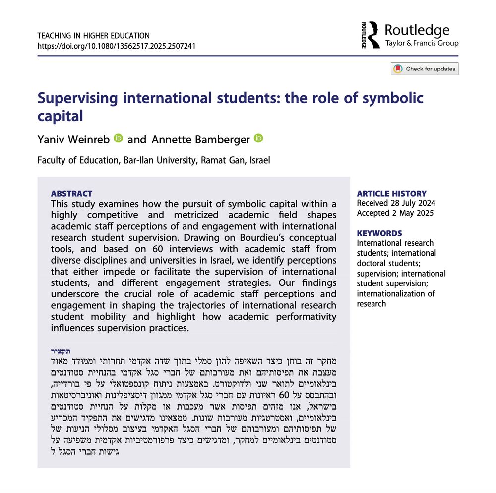 A screenshot of the first page of the article from the journal Teaching in Higher Education: Critical Perspectives titled: Supervising international students: the role of symbolic capital by Yaniv Weinreb and Annette Bamberger. The screenshot includes the abstract of the article (available via the link).