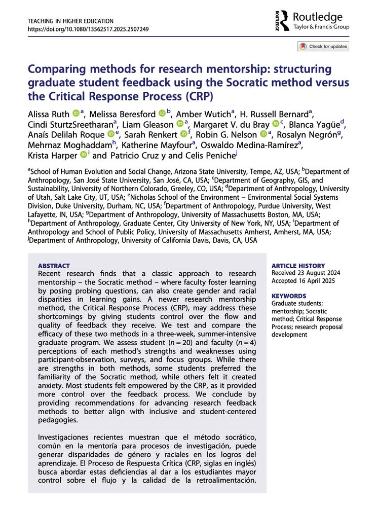 A screenshot of the first page of the article from the journal Teaching in Higher Education: Critical Perspectives titled: Comparing methods for research mentorship: structuring graduate student feedback using the Socratic method versus the Critical Response Process (CRP) by Alissa Ruth, Melissa Beresford, Amber Wutich, H. Russell Bernard, Cindi SturtzSreetharan, Liam Gleason, Margaret V. du Bray, Blanca Yagüe, Anaís Delilah Roque, Sarah Renkert, Robin G. Nelson, Rosalyn Negrón, Mehrnaz Moghaddam, Katherine Mayfour, Oswaldo Medina-Ramírez, Krista Harper & Patricio Cruz y and Celis Peniche. The screenshot includes the abstract of the article (available via the link).