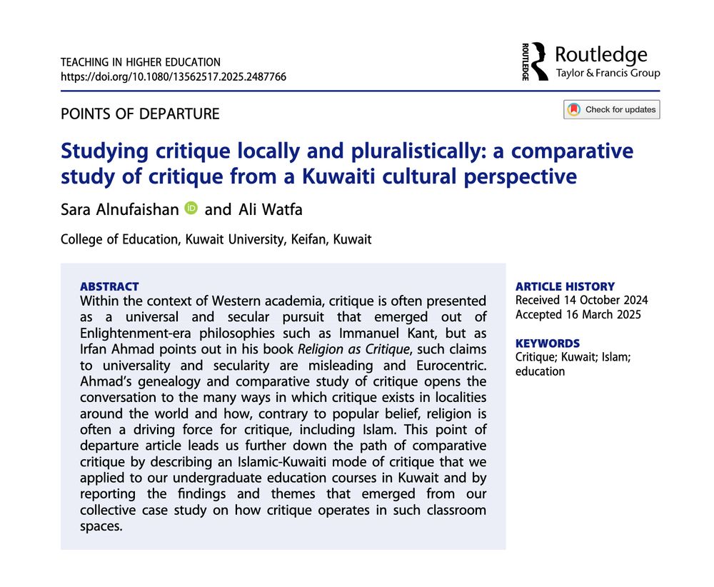 A screenshot of the first page of the article from the journal Teaching in Higher Education: Critical Perspectives titled: Studying critique locally and pluralistically: a comparative study of critique from a Kuwaiti cultural perspective by Sara Alnufaishan and Ali Watfa. The screenshot includes the abstract of the article (available via the link).