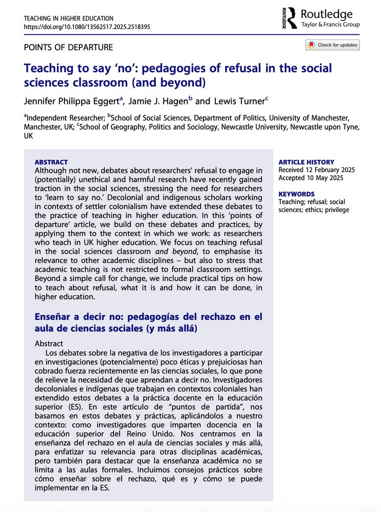 A screenshot of the first page of the article from the journal Teaching in Higher Education: Critical Perspectives titled: Teaching to say ‘no’: pedagogies of refusal in the social sciences classroom (and beyond)
by Jennifer Philippa Eggert, Jamie J. Hagen and Lewis Turner. The screenshot includes the abstract of the article (available via the link) in both English and Spanish.