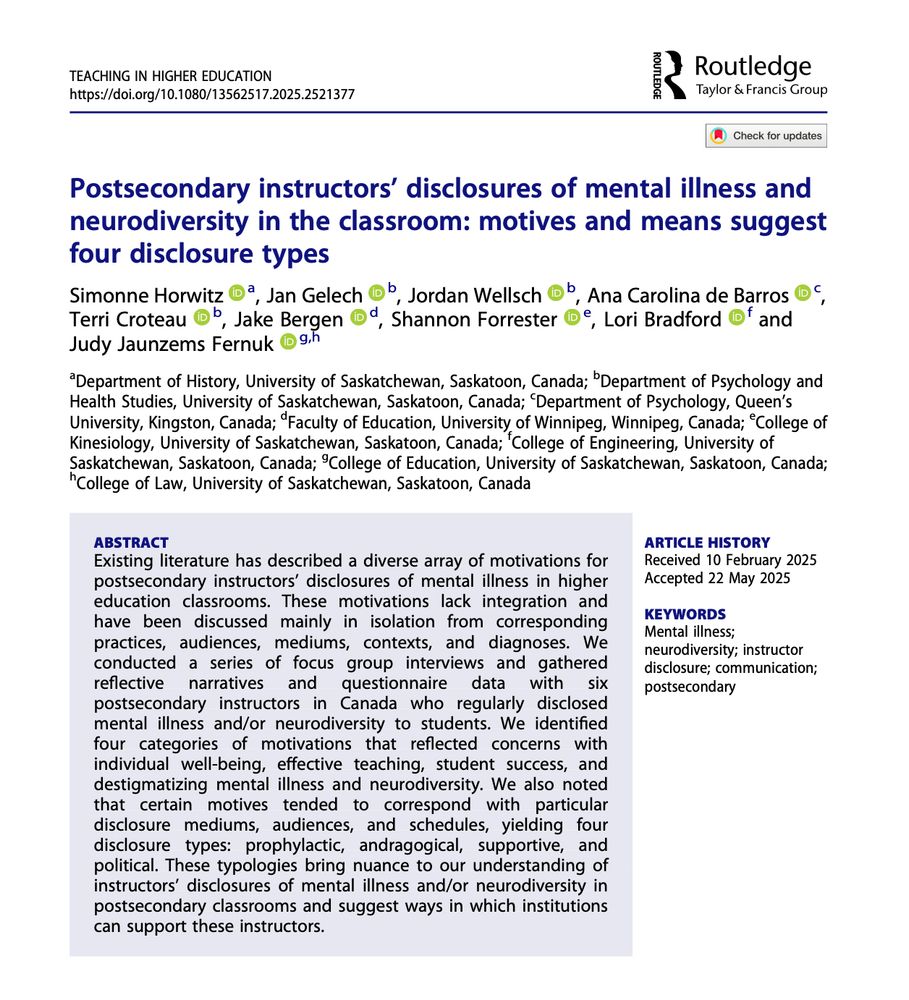 A screenshot of the first page of the article from the journal Teaching in Higher Education: Critical Perspectives titled: Postsecondary instructors’ disclosures of mental illness and neurodiversity in the classroom: motives and means suggest four disclosure types by Simonne Horwitz, Jan Gelech, Jordan Wellsch, Ana Carolina de Barros, Terri Croteau, Jake Bergen, Shannon Forrester, Lori Bradford and Judy Jaunzems Fernuk. The screenshot includes the abstract of the article (available via the link).