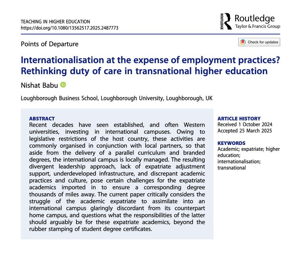 A screenshot of the first page of the article from the journal Teaching in Higher Education: Critical Perspectives titled: Internationalisation at the expense of employment practices? Rethinking duty of care in transnational higher education by Nishat Babu. The screenshot includes the abstract of the article (available via the link).