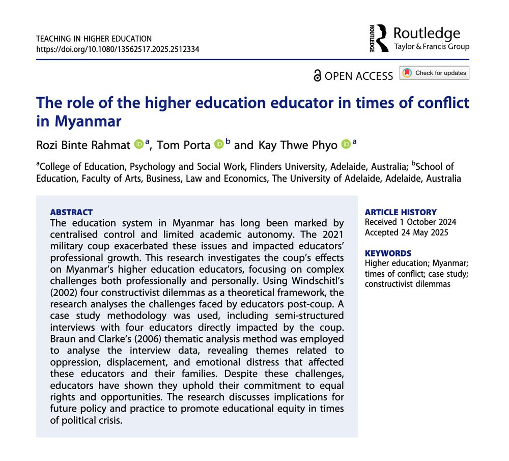 A screenshot of the first page of the article from the journal Teaching in Higher Education: Critical Perspectives titled: The role of the higher education educator in times of conflict in Myanmar by Rozi Binte Rahmat, Tom Porta and Kay Thwe Phyo. The screenshot includes the abstract of the article (available via the link).