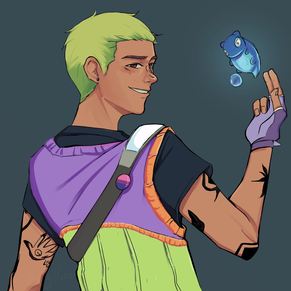 fan art of gekko from valorant with a bisexual pin and dizzy out