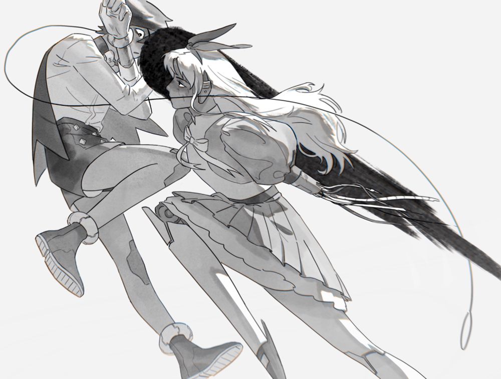 A black and white illustration of Magni and Dino from Of Thunder and Lightning. The two are locked in battle with Dino throwing a hard, black punch and Magni leaping back braced for impact with her arms crossed over her face. The two are making eye contact right before the moment of impact.